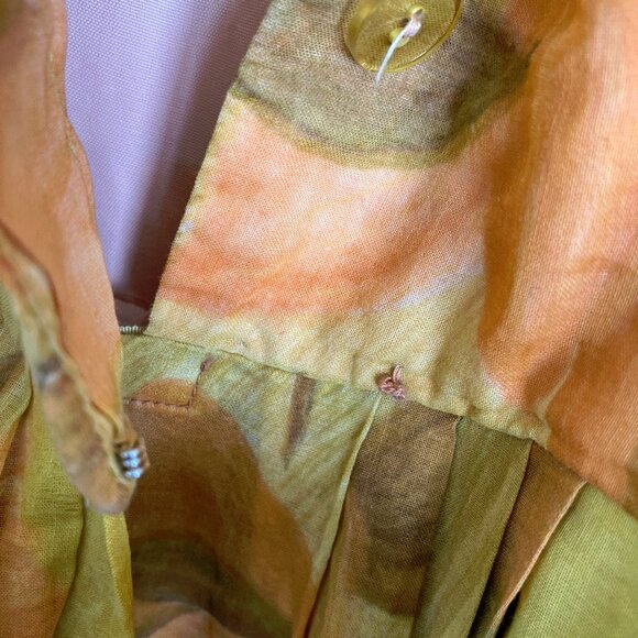 1950s short sleeve belted waist hidden button front orange brown pattern dress - Picture 6 of 16